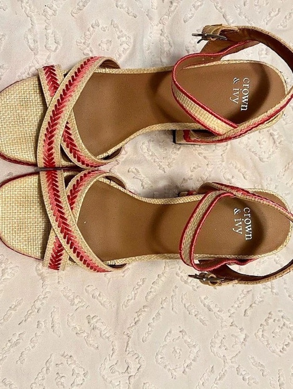 Crown & Ivy Woven Strap Sandals in Beige & Red